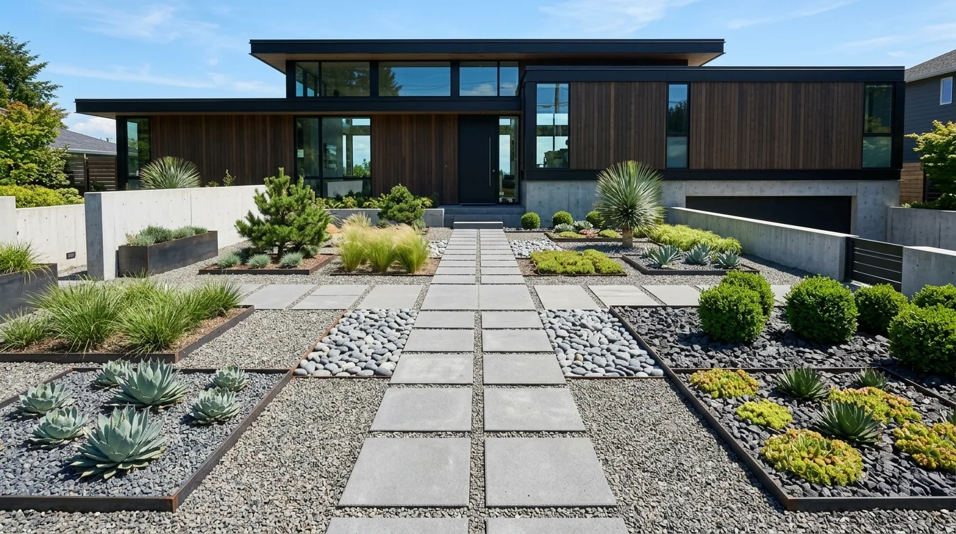 Modern geometric rock garden with structured stone placements.
