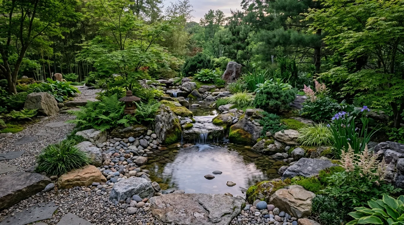 Rock garden with a small water feature surrounded by stone.