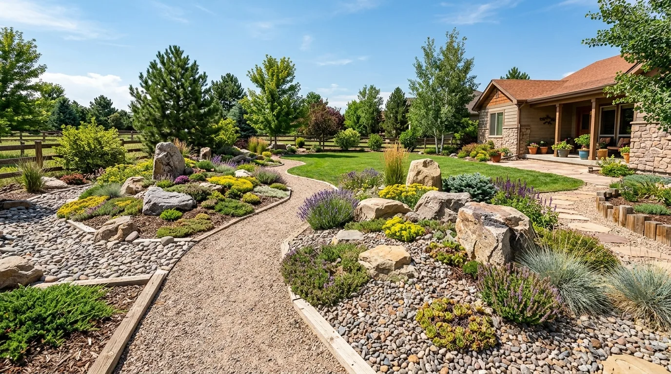 Wide landscaped yard with a combination of rock garden styles.