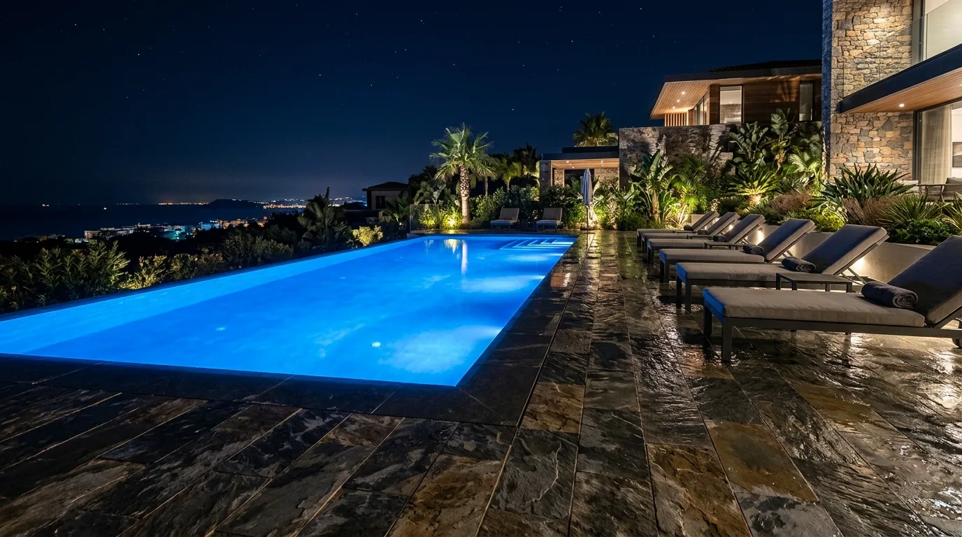 Luxury swimming pool deck with underwater LED lighting glowing blue at night.