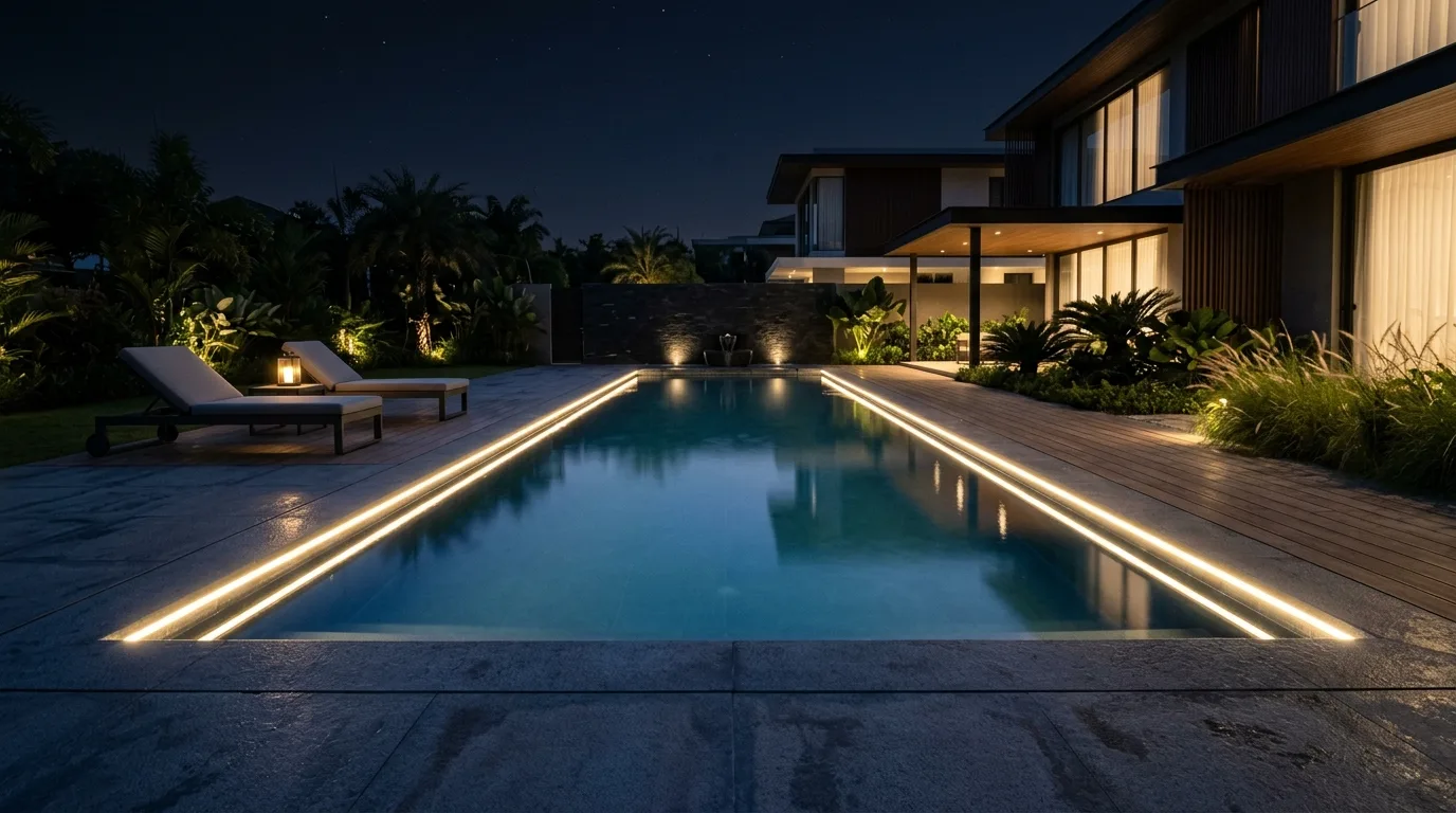 Modern pool deck with recessed LED strip lights along the pool edges.