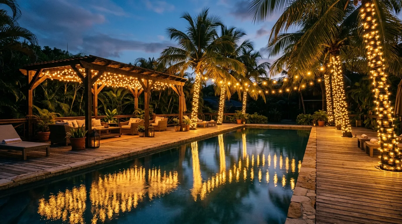 Tropical pool deck with warm string lights around palm trees and a pergola.