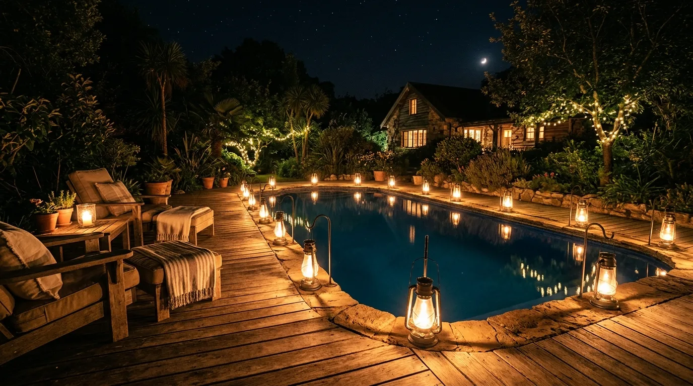 Rustic poolside deck with lantern-style waterproof lights along the perimeter.