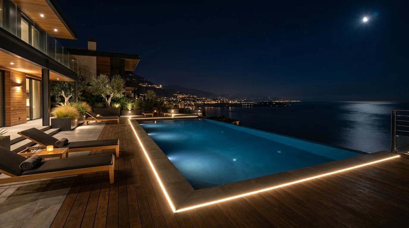 Infinity pool deck with hidden LED lighting under the coping edges.