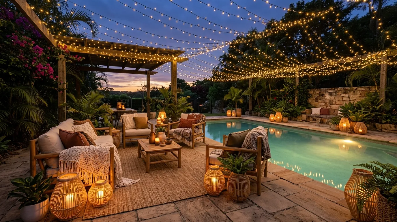 Boho pool deck with fairy lights overhead and woven lanterns around seating areas.