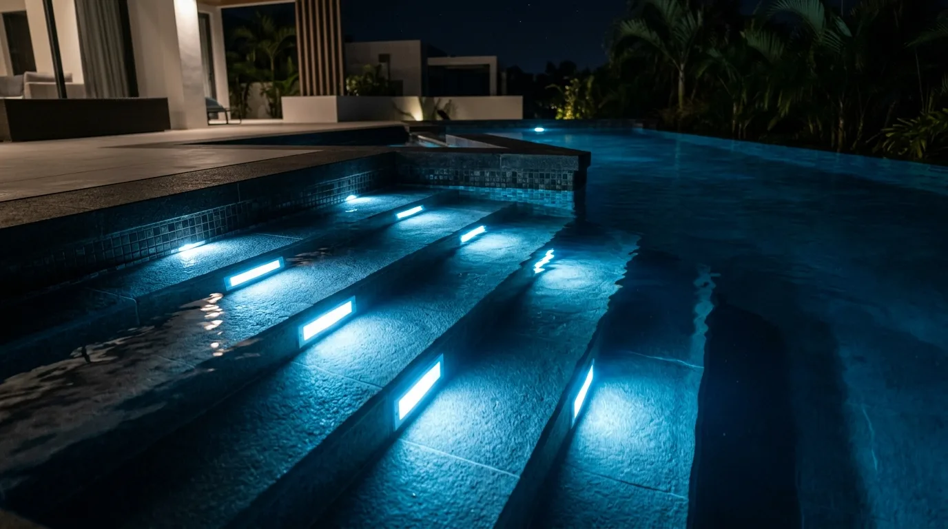 Modern pool staircase with underwater step lights creating glowing entry points.