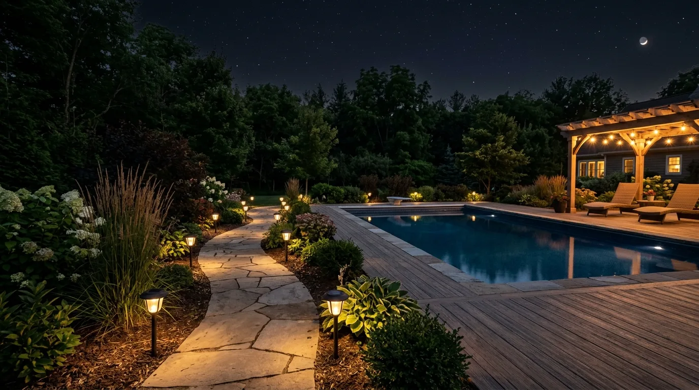 Backyard pool deck with solar-powered pathway lights lining the garden edges.