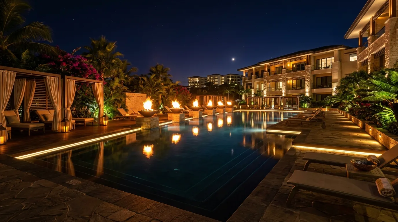 Resort-style pool deck with fire bowls and LED lighting combined.