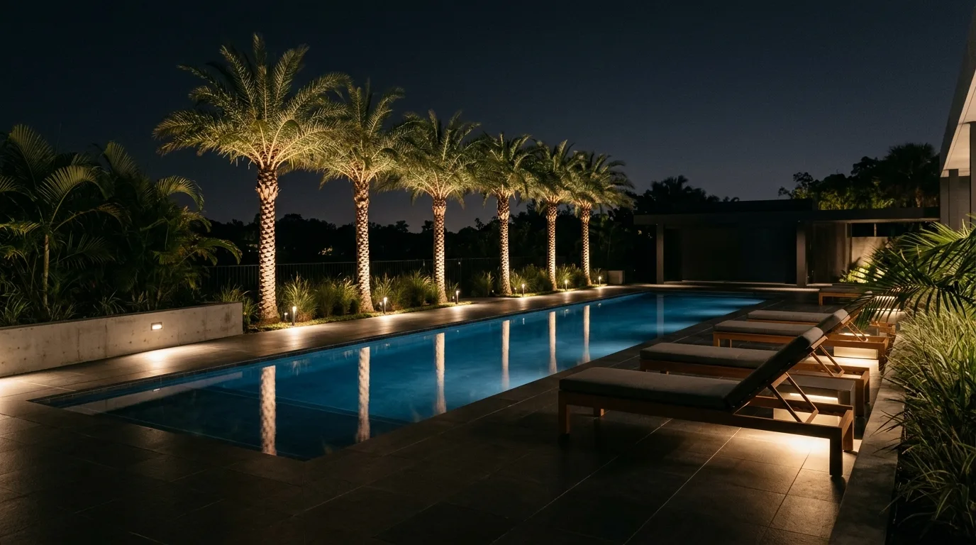 Minimalist pool deck with subtle ground LED lights highlighting palms and lounge chairs.