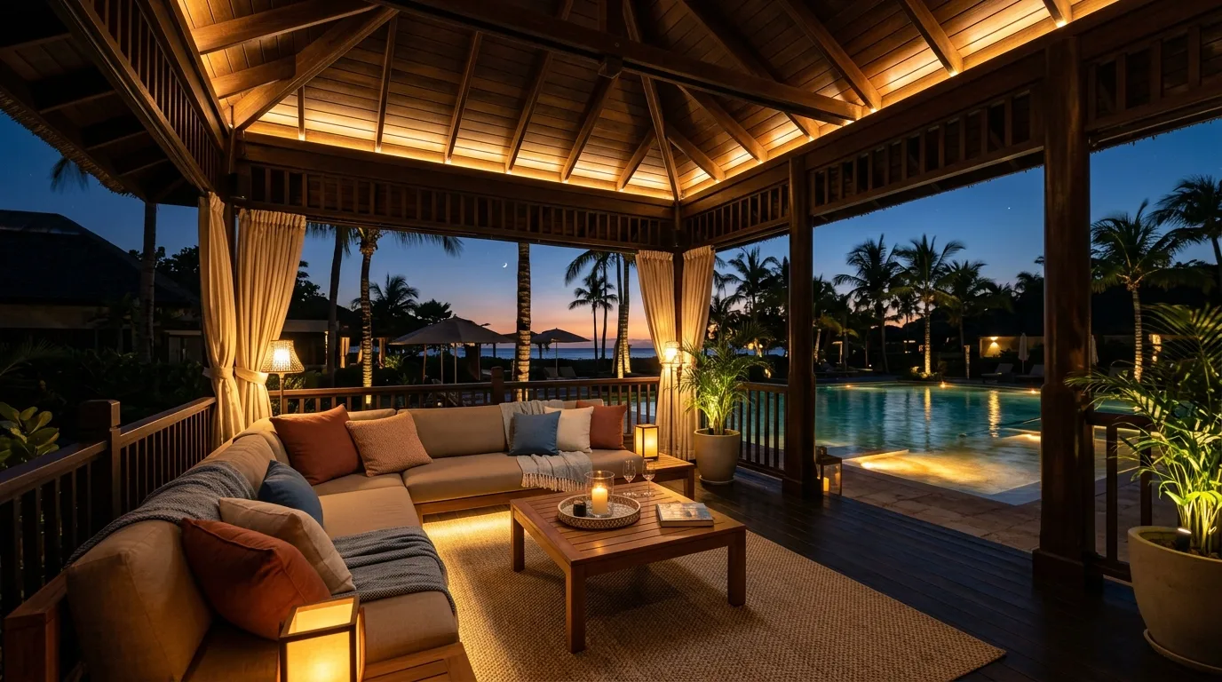 Covered pool cabana area with integrated LED ceiling lighting and warm seating illumination.