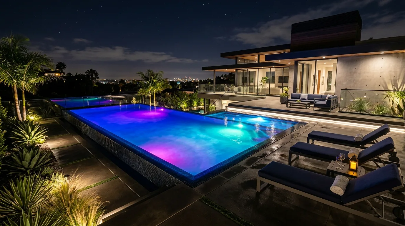Modern pool deck with color-changing LED lights illuminating the water.