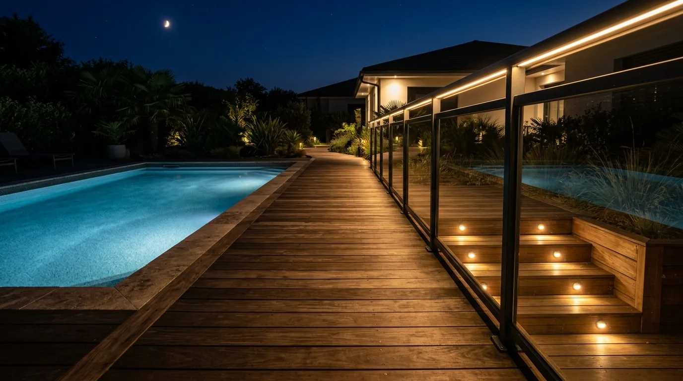 Wooden pool deck with embedded step lights and rail lighting guiding the walkways.