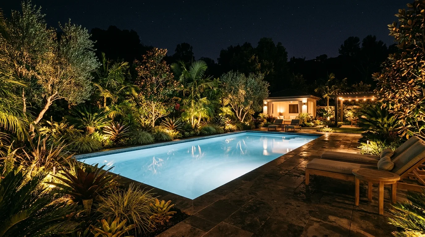 Landscaped pool area with hidden uplighting on plants and trees surrounding the deck.