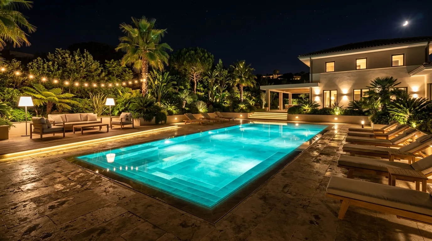 Fully illuminated swimming pool deck with underwater LEDs, perimeter lights, uplights, and seating glow.