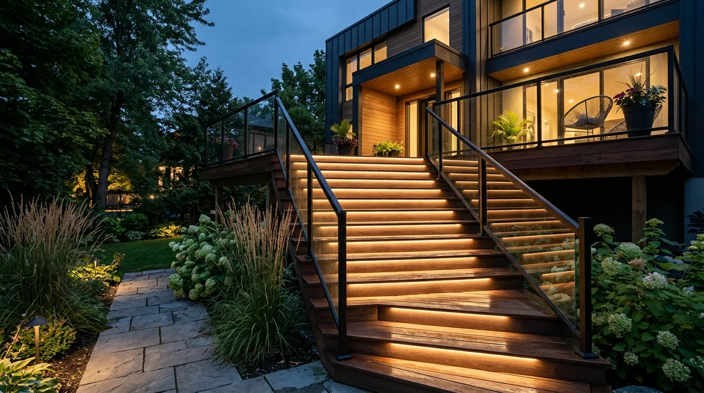 Deck staircase with elegant recessed step lights glowing along each riser.