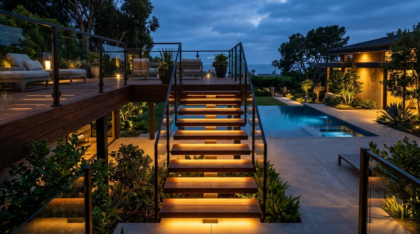 Luxury deck with floating stair design and under-step LED strip lighting.