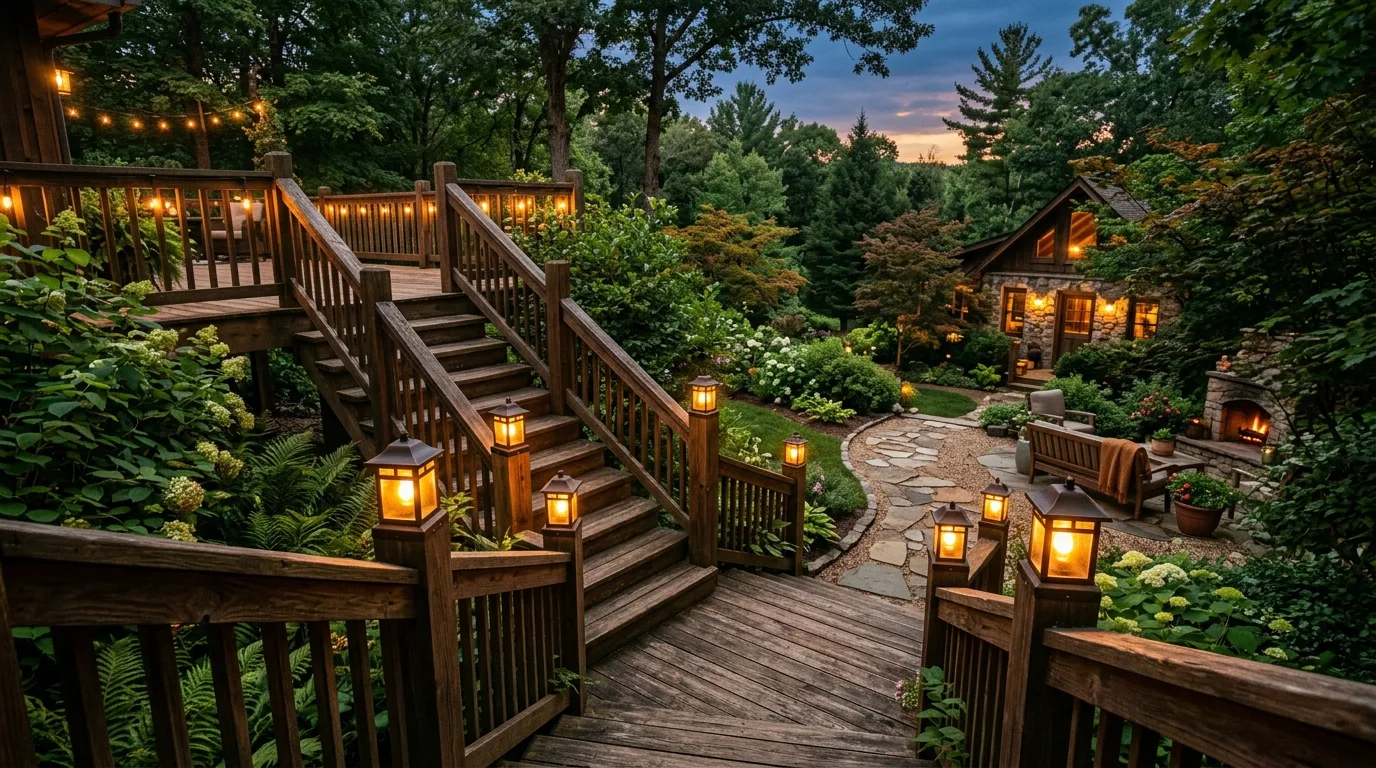 Rustic deck staircase with warm lantern-style lights beside each step.