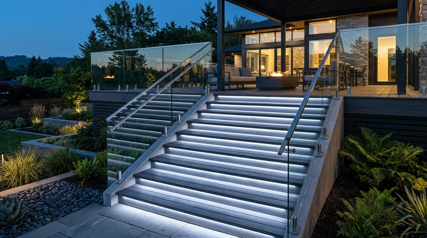 Contemporary deck entrance with glass railing and integrated lighting beneath each tread.