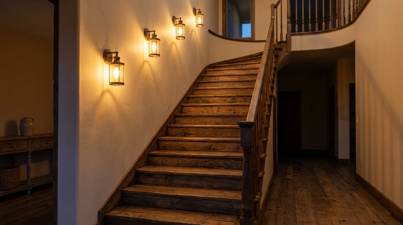 Farmhouse-style staircase with wall-mounted sconces illuminating the steps warmly.
