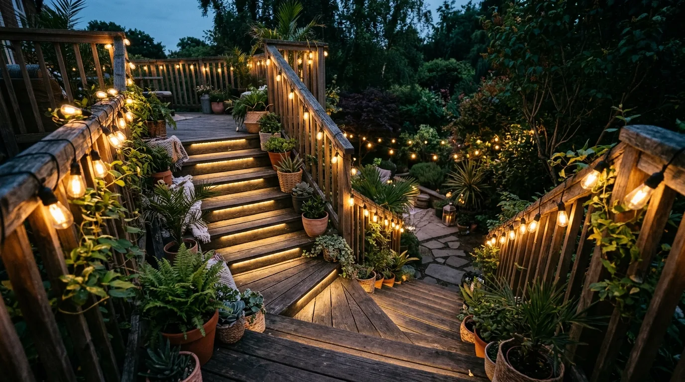 Boho-inspired deck stairway with string lights on railings and soft step lighting below.