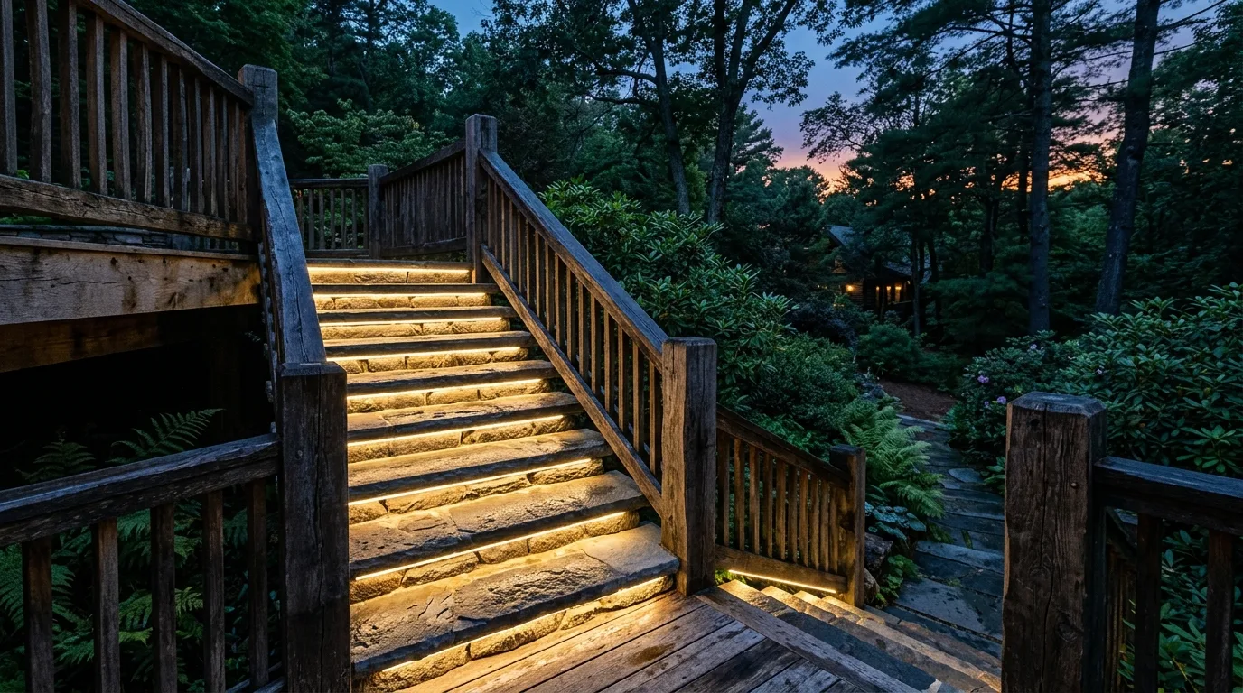 Stone-and-wood deck staircase with embedded ground lights highlighting each step edge.