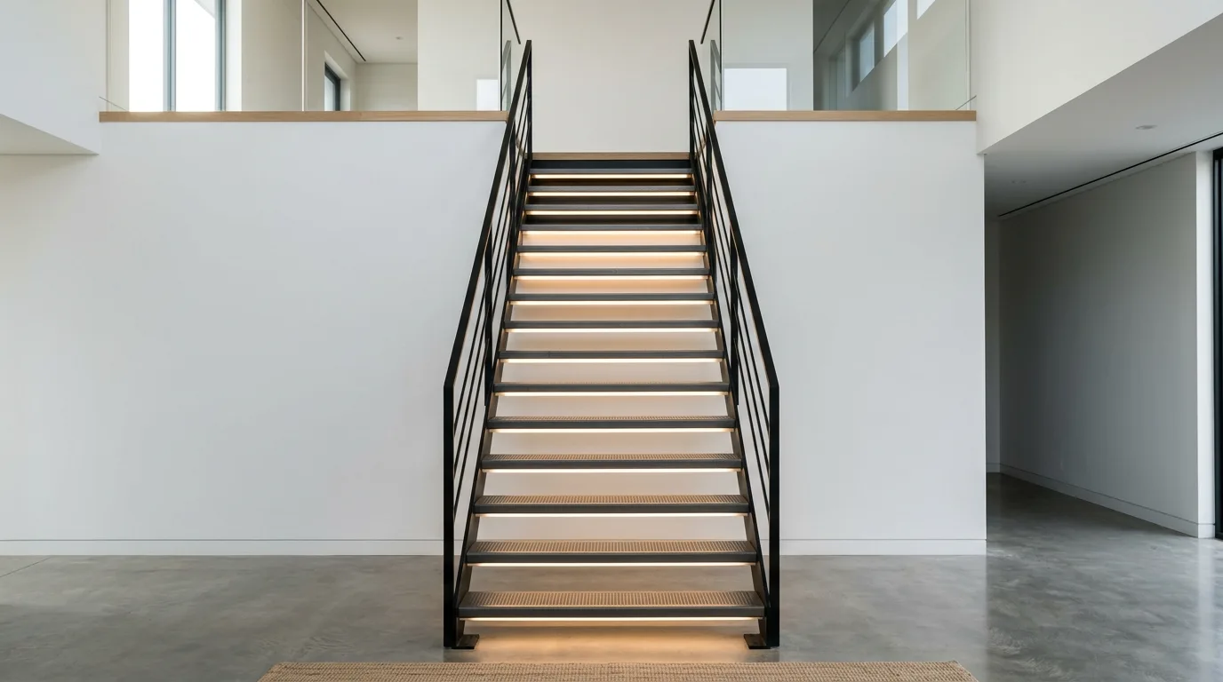 Modern metal-frame staircase with minimal LED strip lighting under each tread.