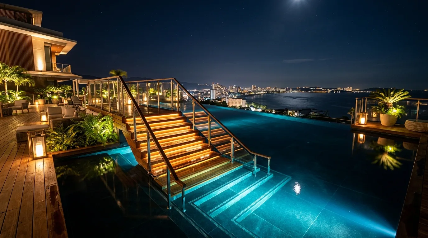 Luxury poolside deck staircase with reflective lighting and glowing steps.