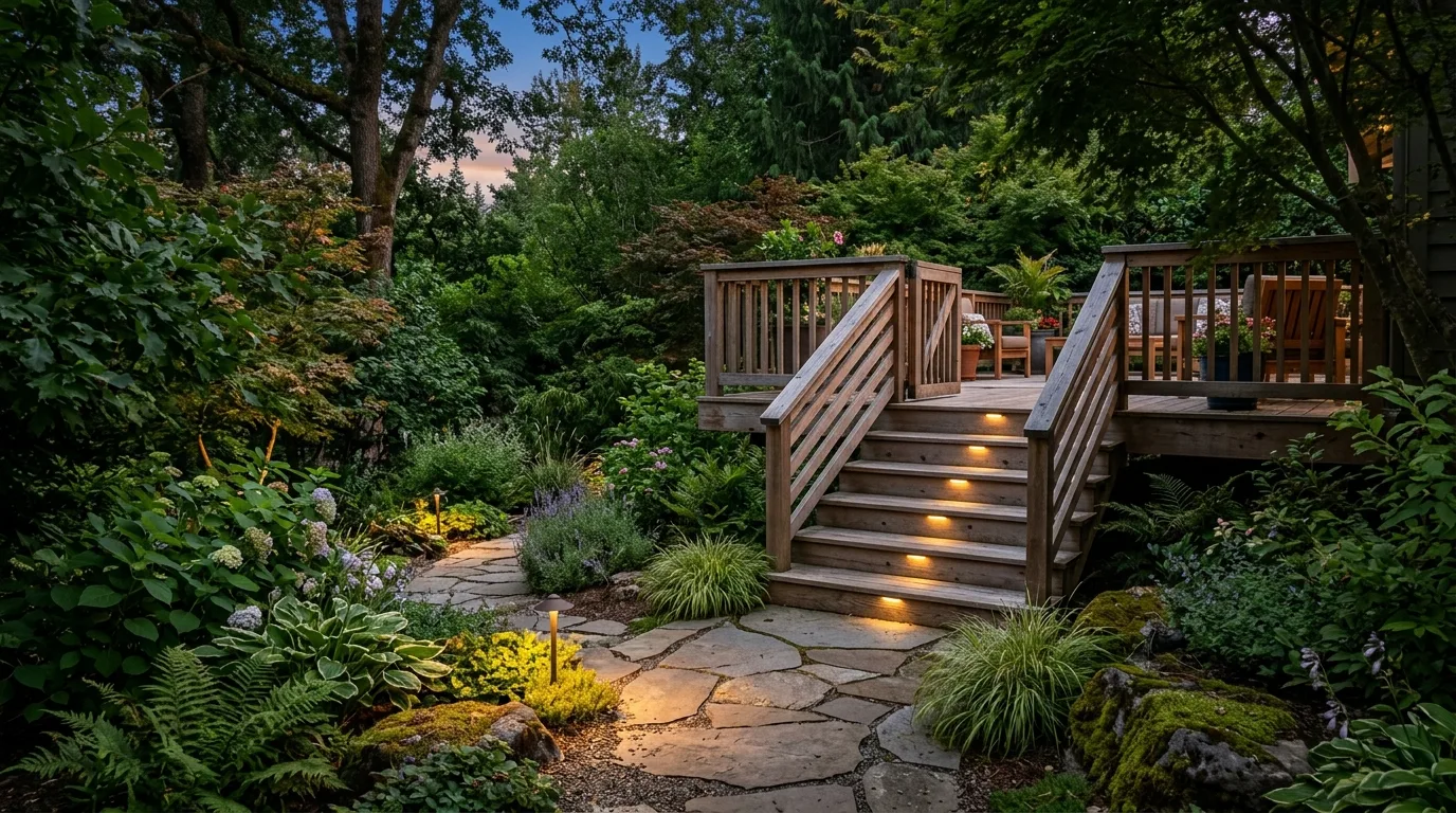 Garden deck stair entrance with subtle path and step lighting blending into the landscape.
