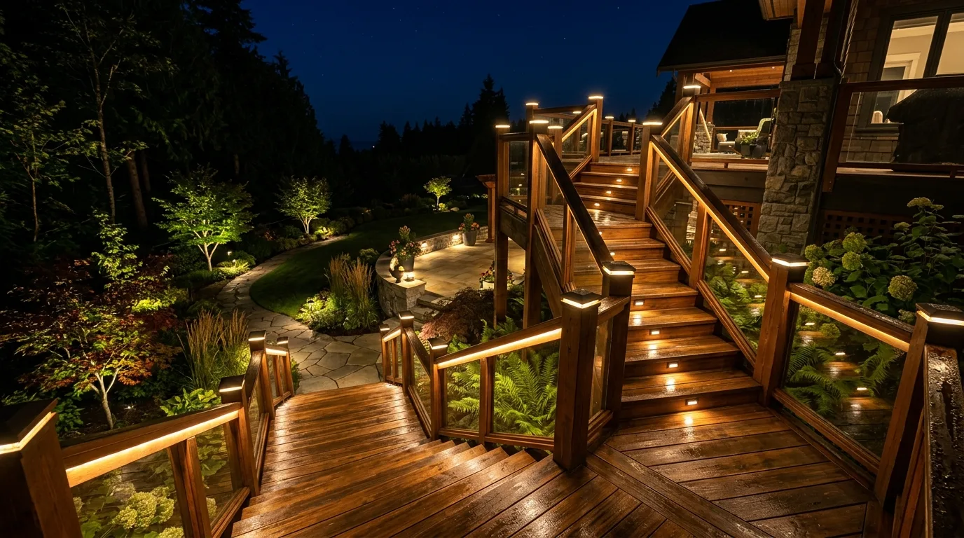 Grand deck staircase illuminated with layered step, rail, and landscape lighting.