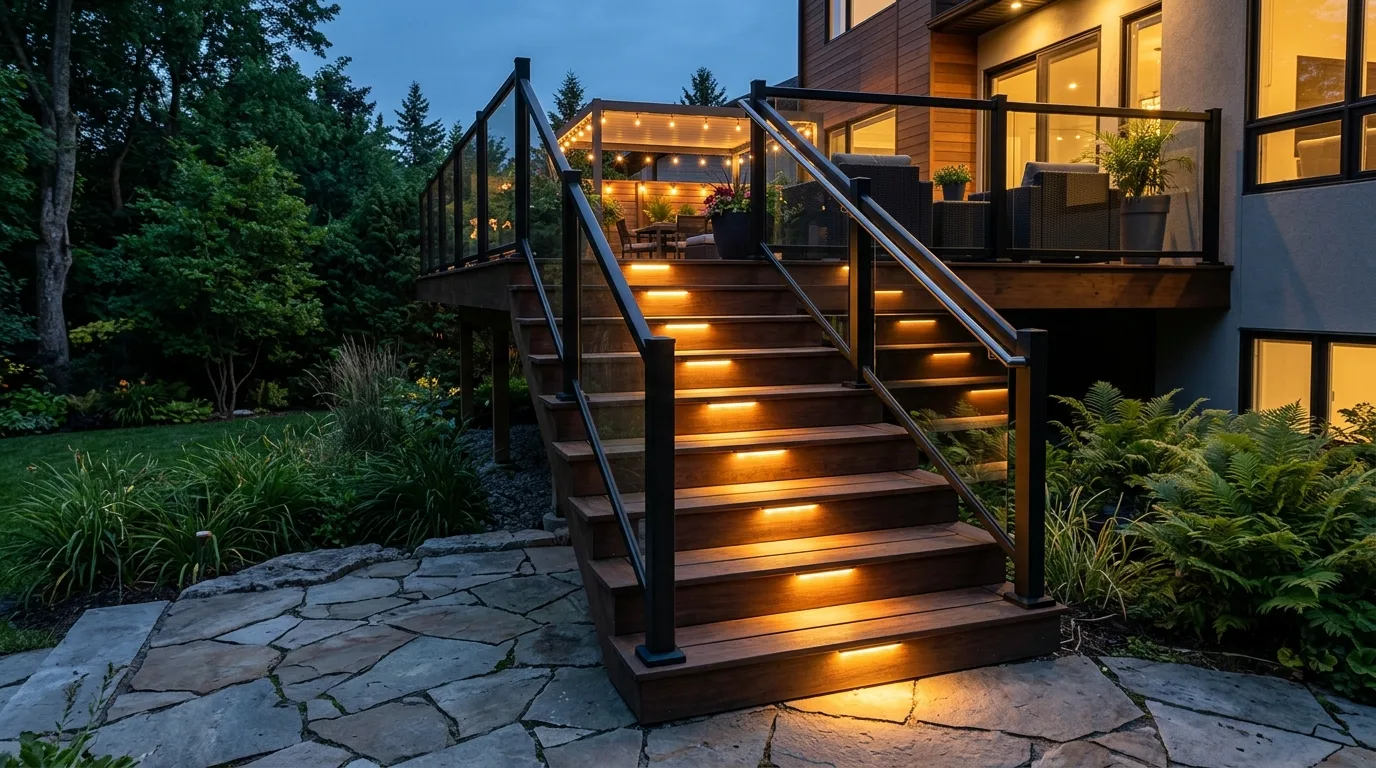 Contemporary deck stairway with motion-activated step lighting creating a welcoming glow.