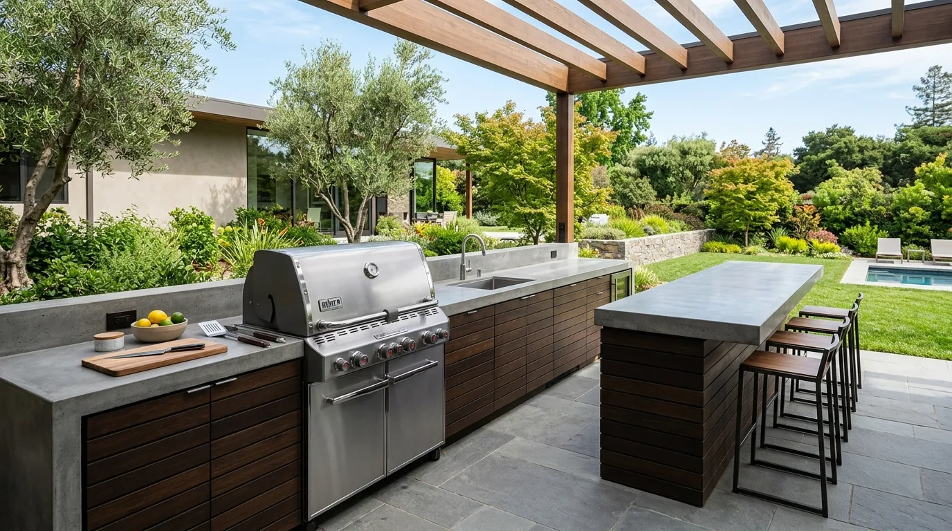 Modern outdoor kitchen with built-in stainless steel grill, concrete counters, and bar seating.