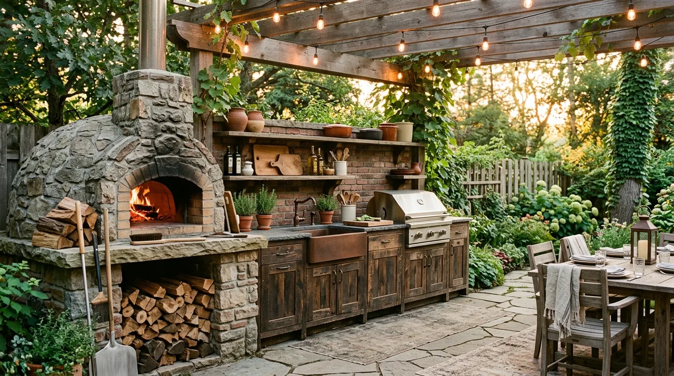 Rustic outdoor kitchen with wooden cabinets, stone pizza oven, and warm lighting.