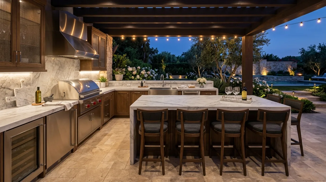 Luxury outdoor kitchen with marble countertops, premium appliances, and elegant bar stools.