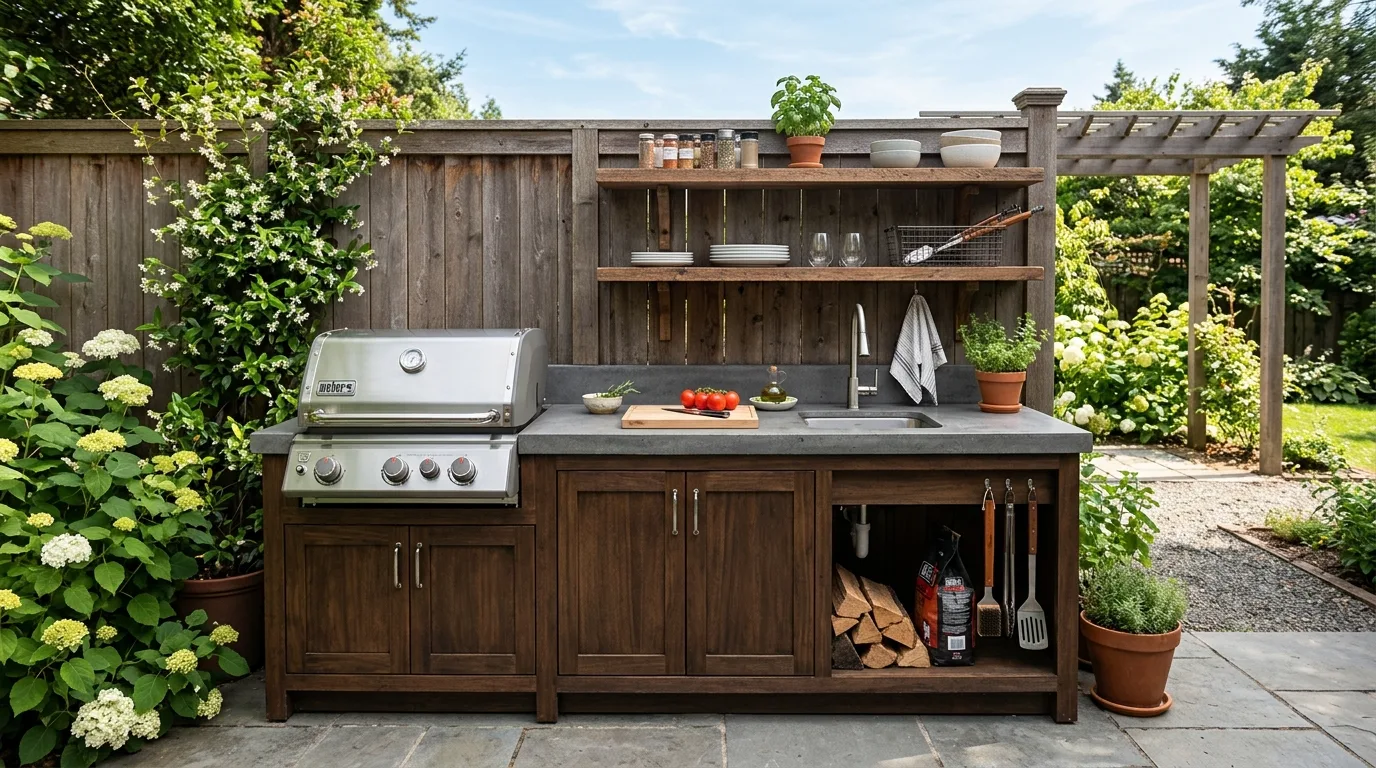 Compact outdoor kitchen with small grill, prep counter, and storage shelves.