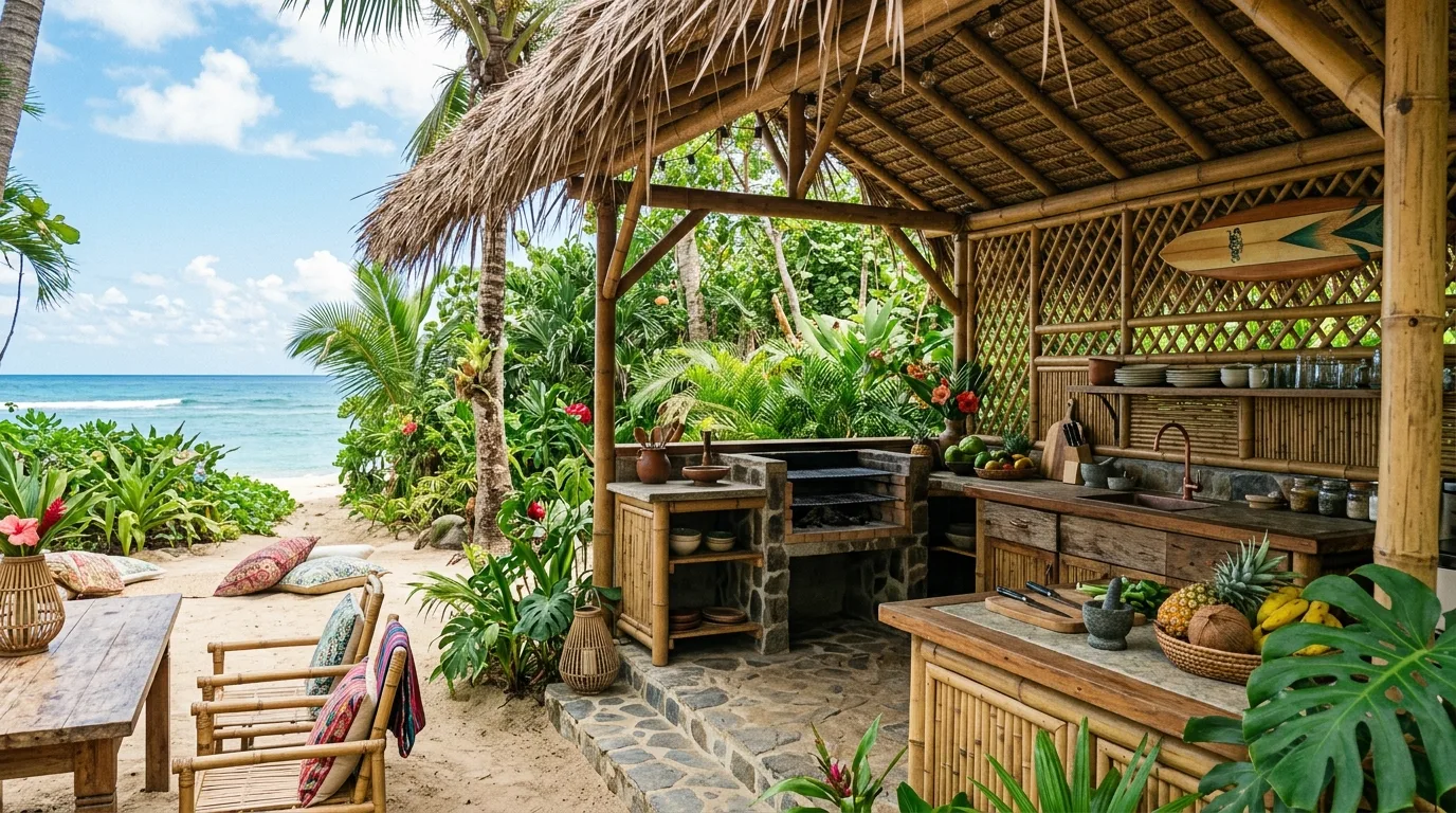 Tropical outdoor kitchen with bamboo accents, thatched roof, and lush greenery.
