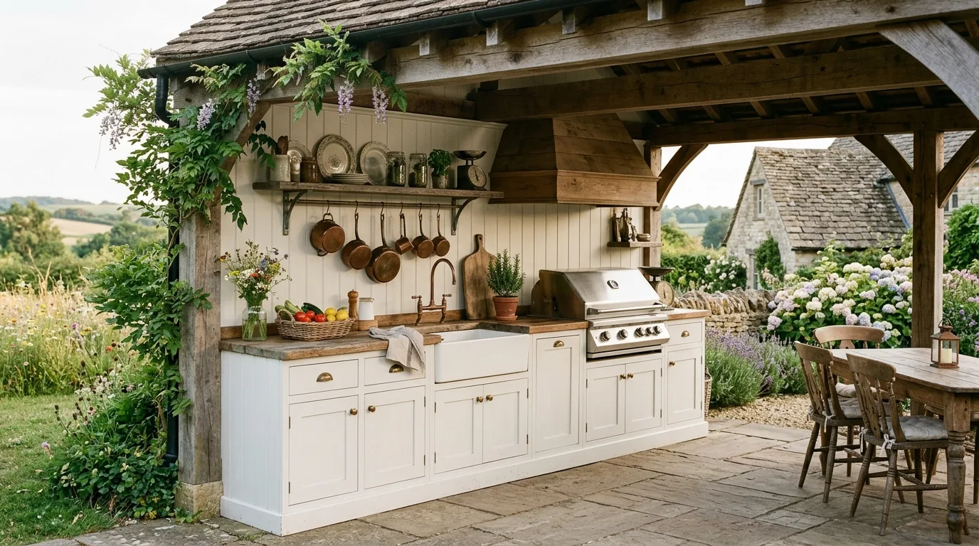 Farmhouse-style outdoor kitchen with white cabinetry and wooden accents.