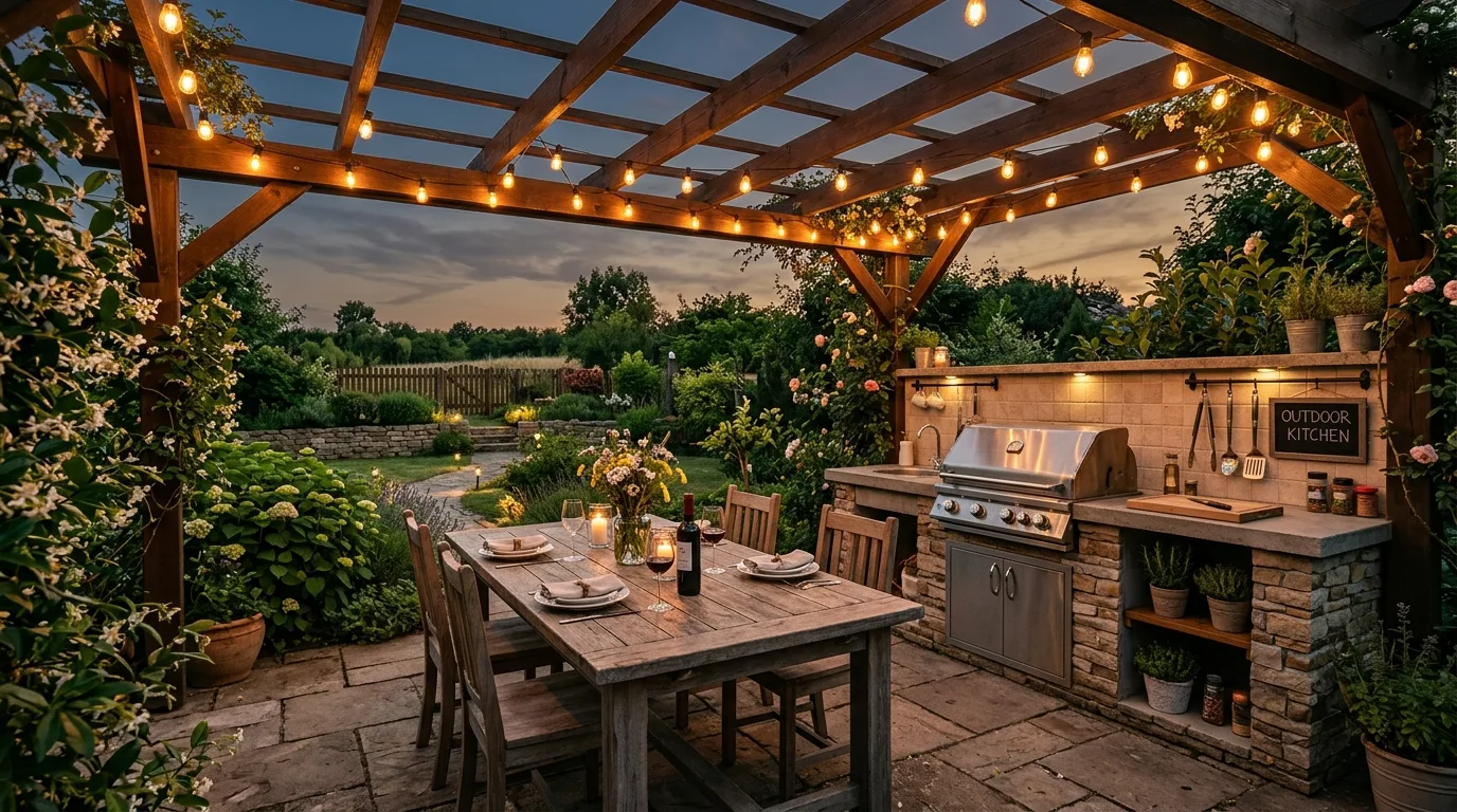 Outdoor kitchen under a pergola with string lights, grill station, and table.