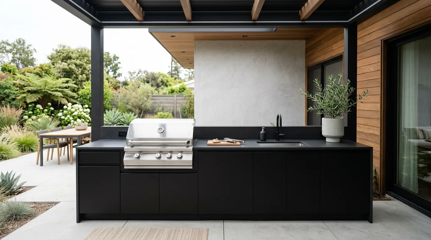 Minimalist outdoor kitchen with sleek black cabinets and simple decor.