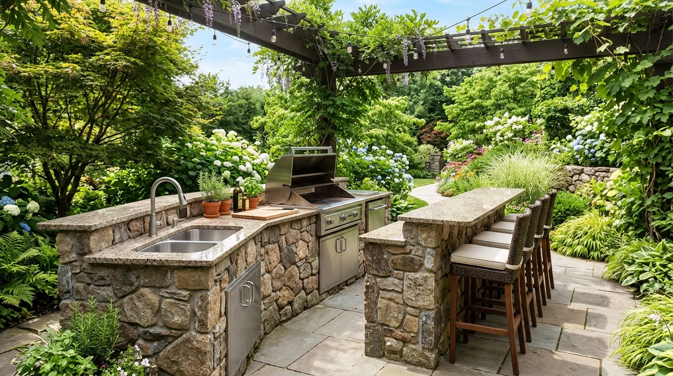 Outdoor kitchen with a stone island, built-in sink, and bar seating.