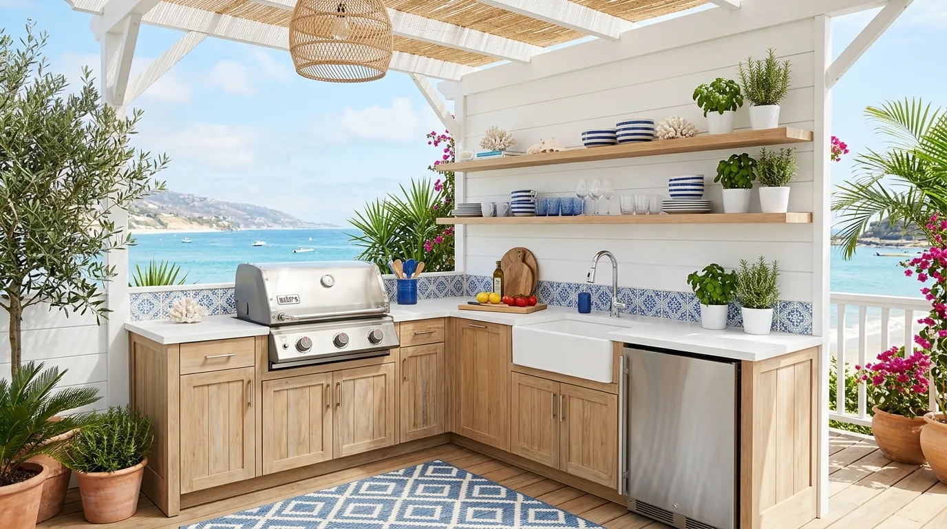 Coastal-style outdoor kitchen with light wood finishes, white surfaces, and blue accents.