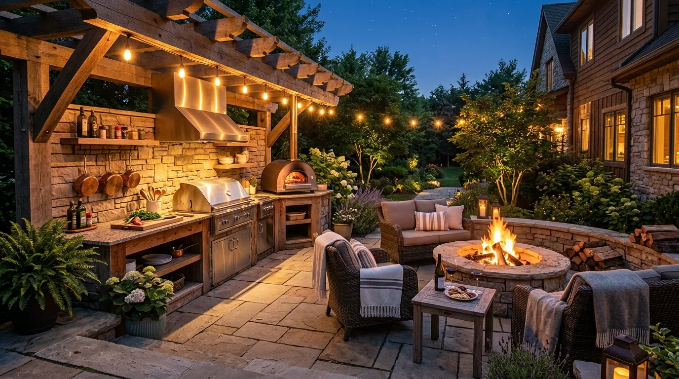 Outdoor kitchen with a fire pit and seating area nearby in the evening.