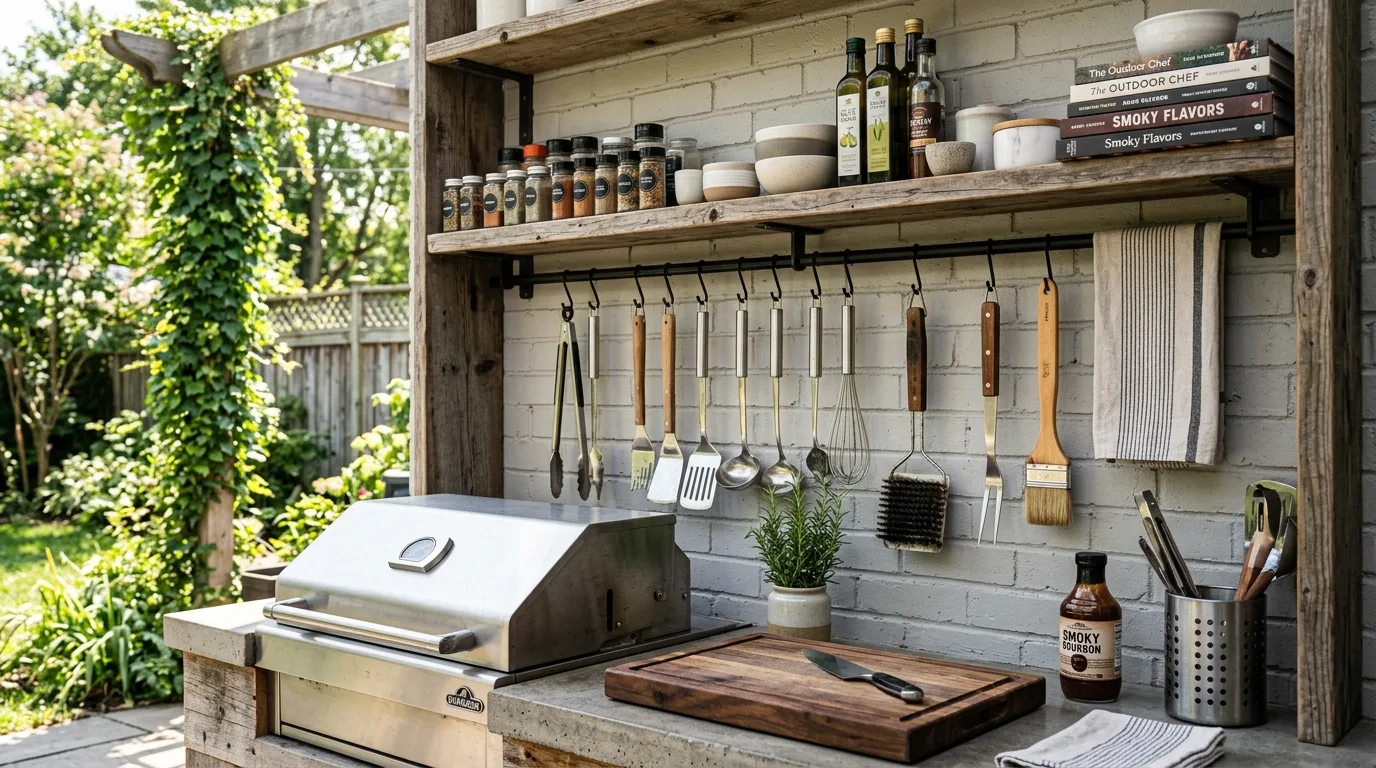 Backyard outdoor kitchen with open shelving, hanging utensils, and organized cooking tools.