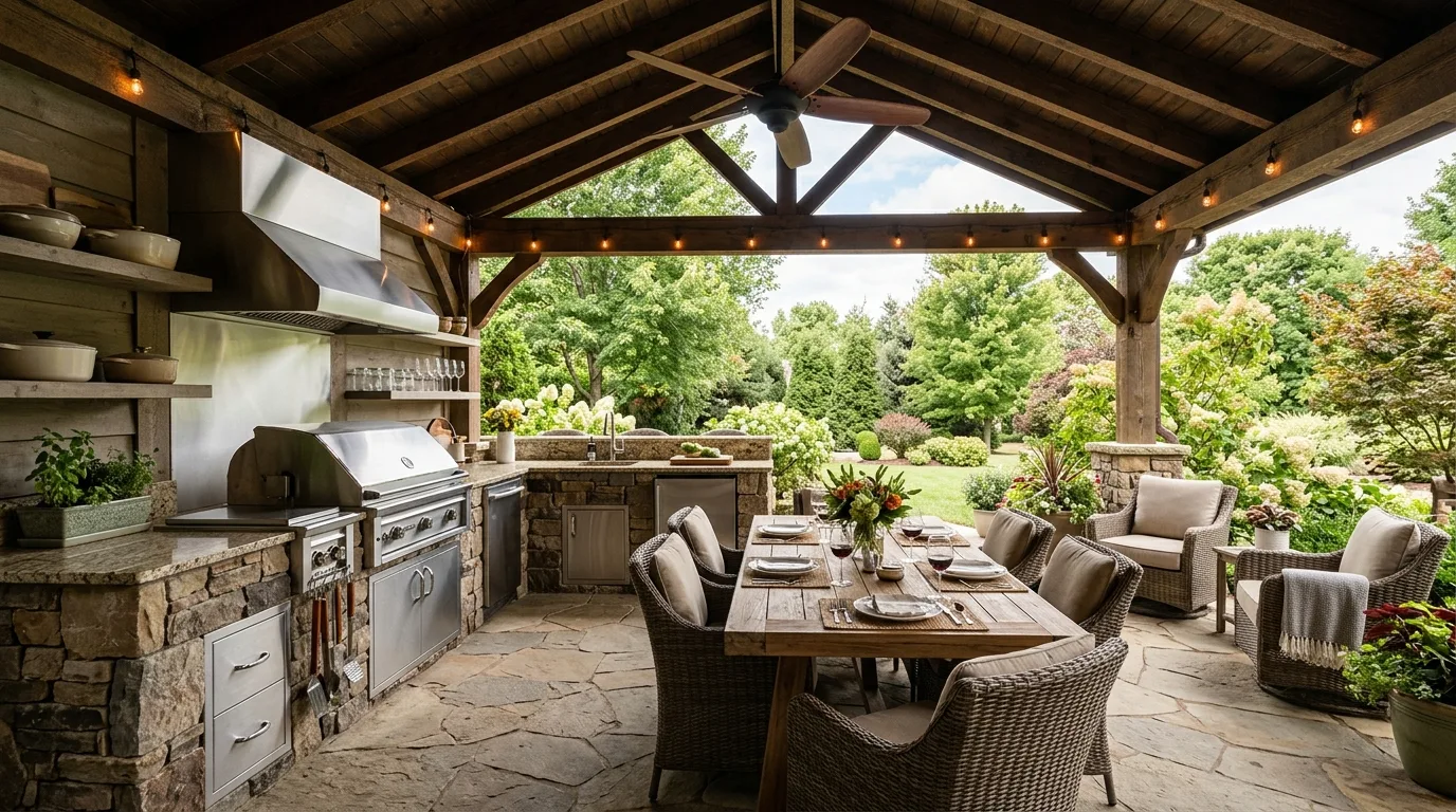 Covered outdoor kitchen with ceiling fan, dining area, and built-in grill.