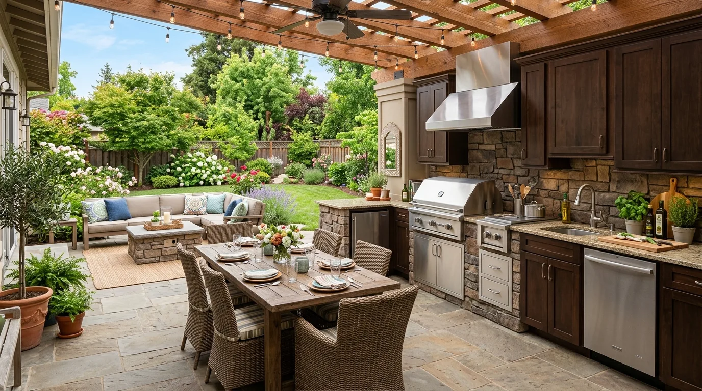 Fully designed backyard outdoor kitchen with coordinated appliances, seating, lighting, and decor.