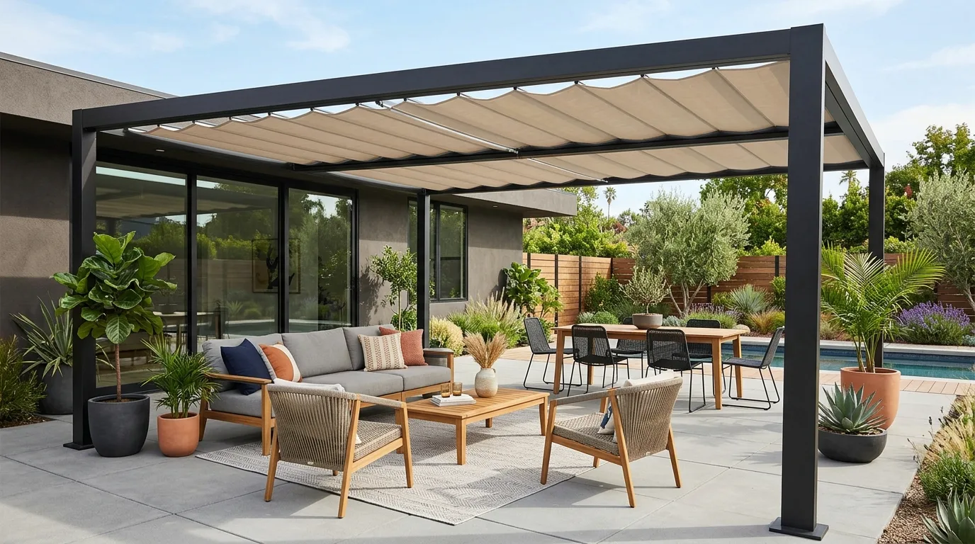 Patio with sleek pergola cover and retractable fabric shade panels.