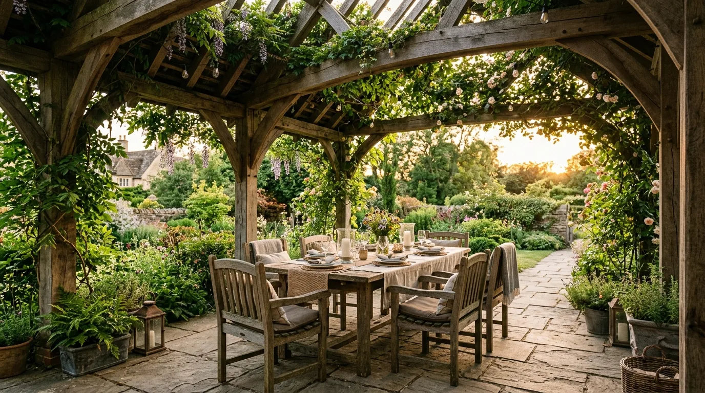 Rustic wooden patio cover with exposed beams and climbing vines.