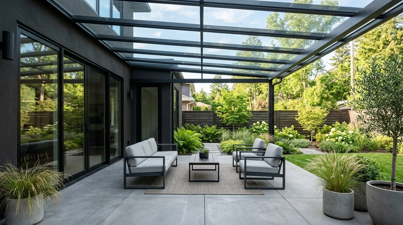 Contemporary patio with a glass roof cover and minimalist furniture.