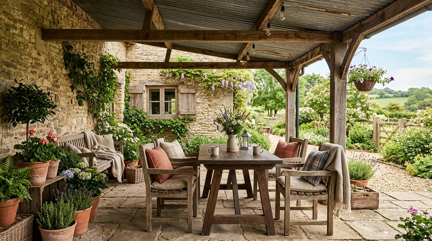 Farmhouse-style patio with corrugated metal roof cover and wooden furniture.