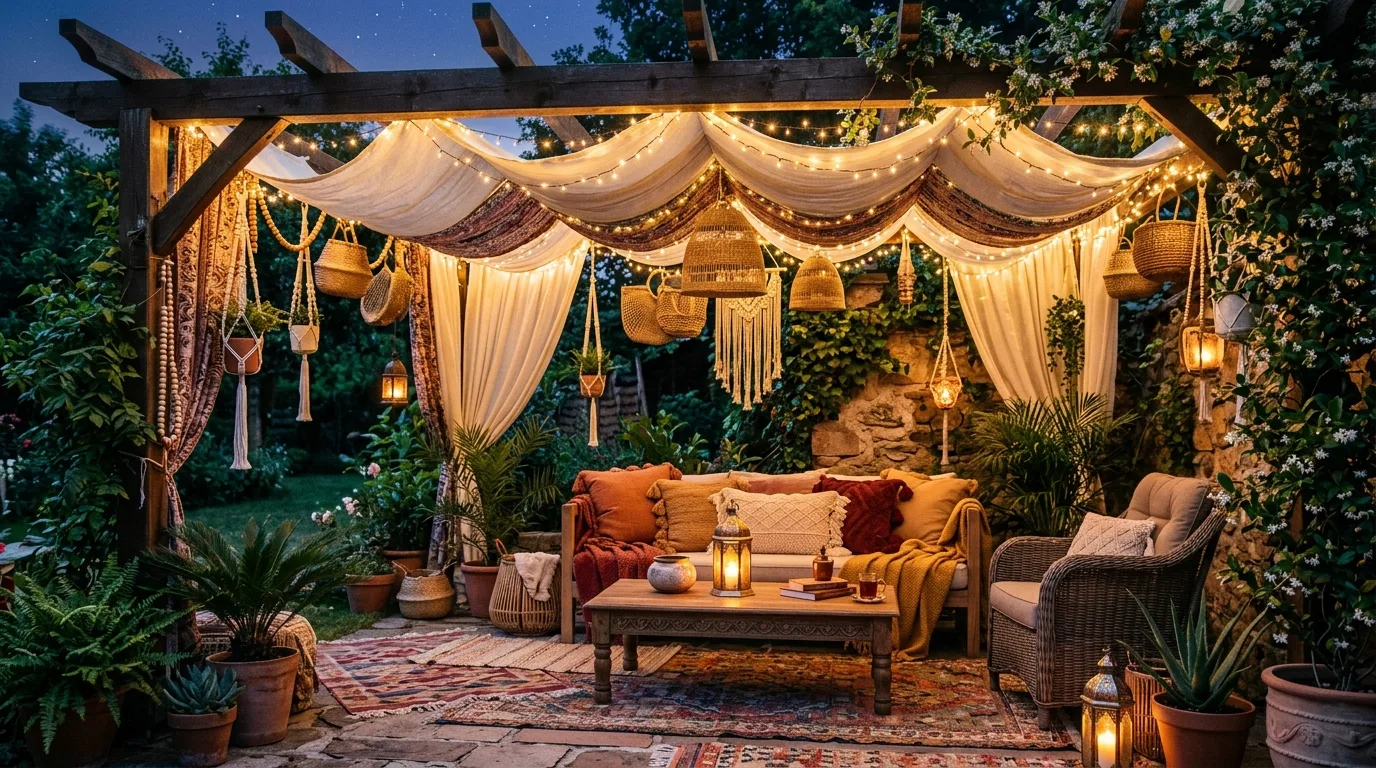 Boho patio cover with layered fabric canopies, string lights, and woven decor.