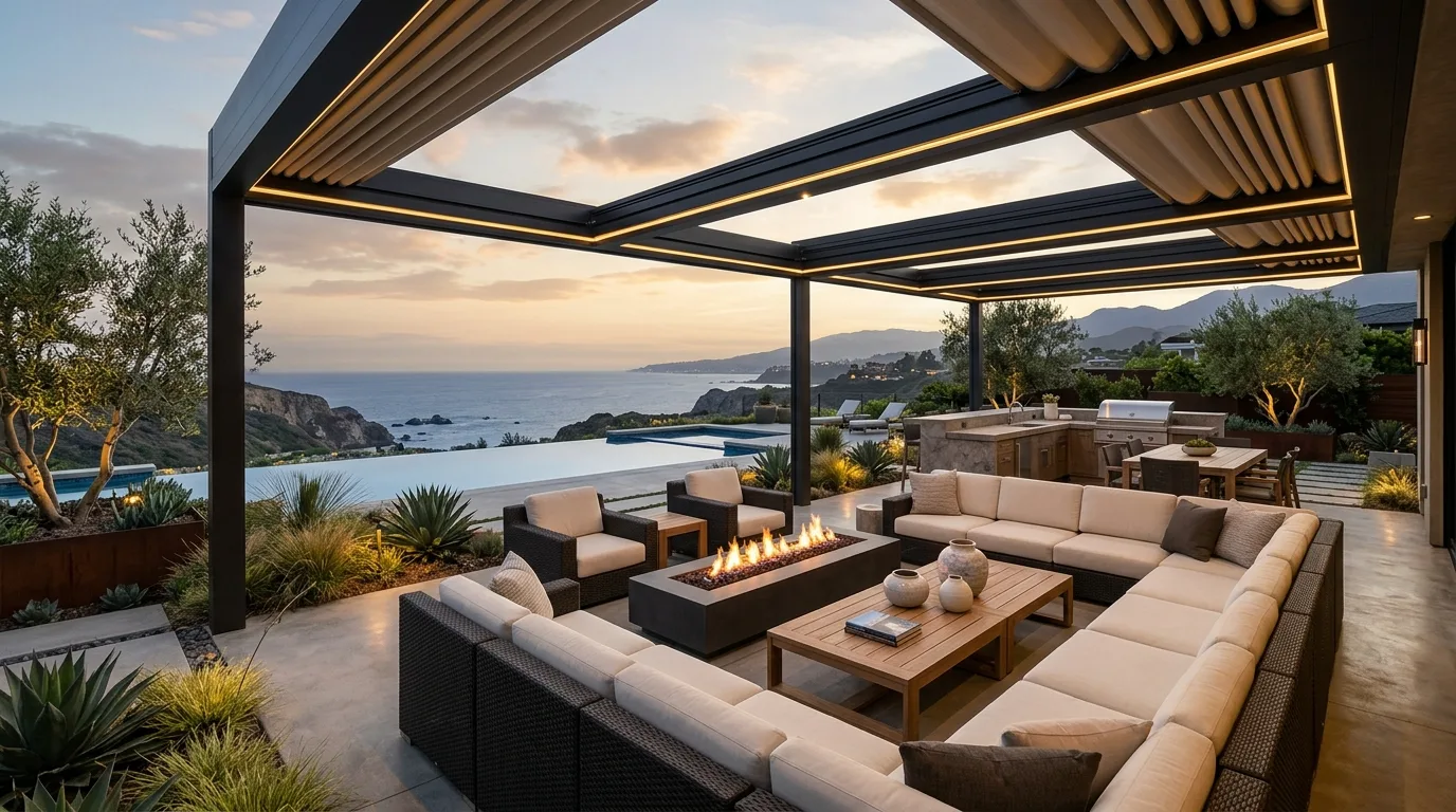 Luxury patio with motorized retractable roof system.